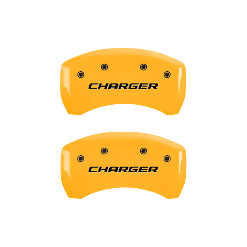 MGP 4 Caliper Covers Engraved Front & Rear Block/Charger Yellow finish black ch